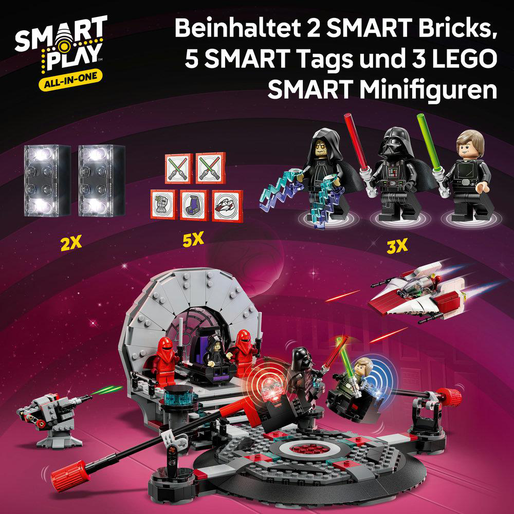 SMART Bricks, Tags und LEGO Minifiguren mit Raumschiffen und Diorama.
