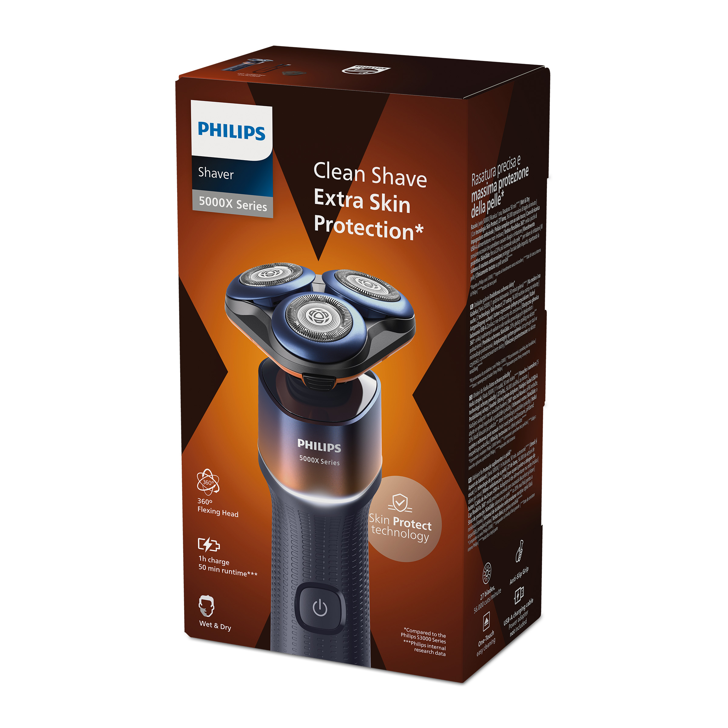 Golarka Philips Seria 5000X z głowicą 360°, technologią Skin Protect, 1h ładowania.