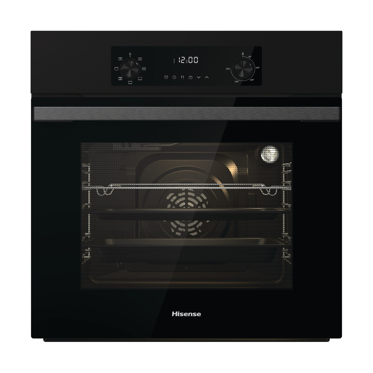 Un forno nero Hisense con display digitale che mostra 12:00 e una manopola della temperatura.