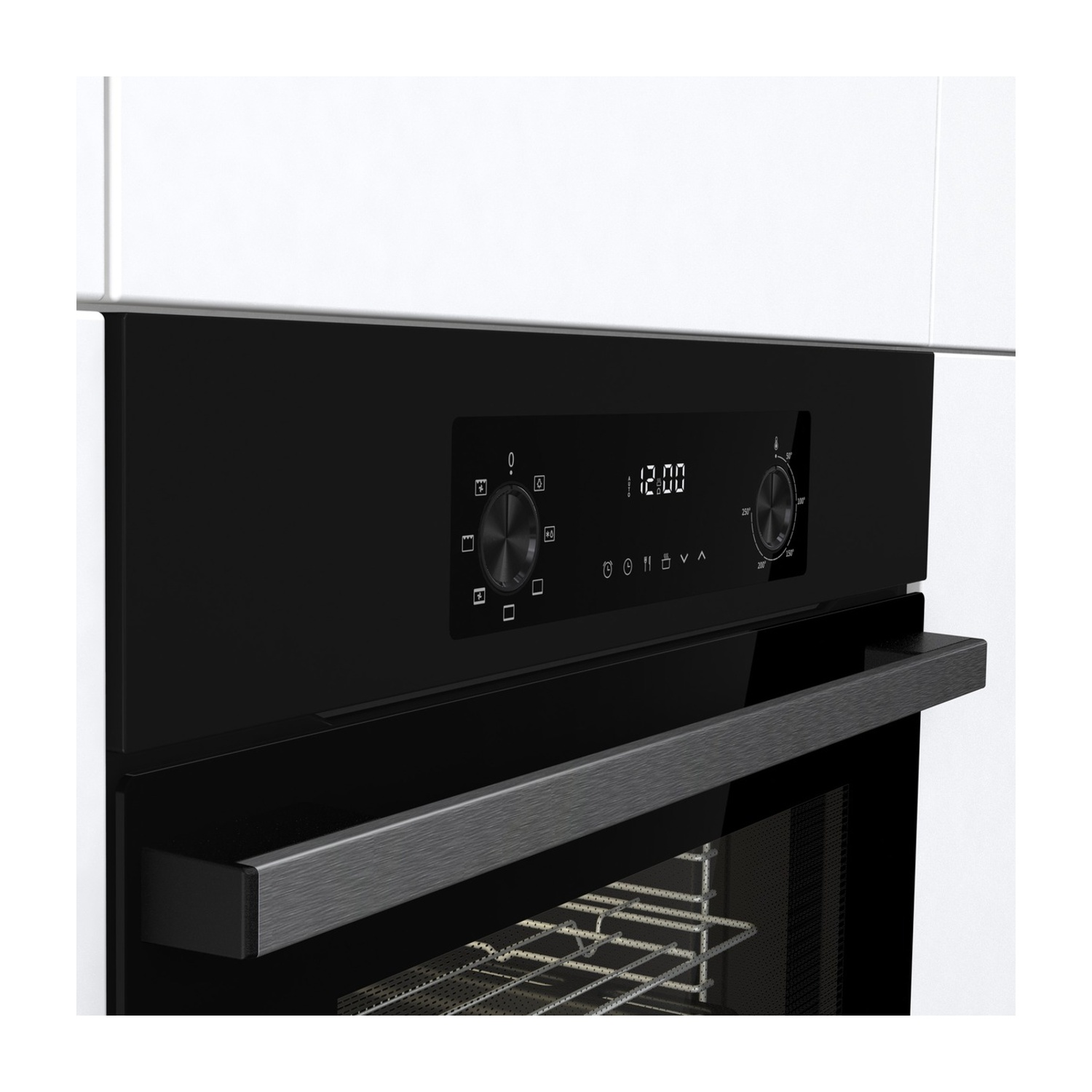 Un moderno forno nero con display digitale e manopole rotanti.