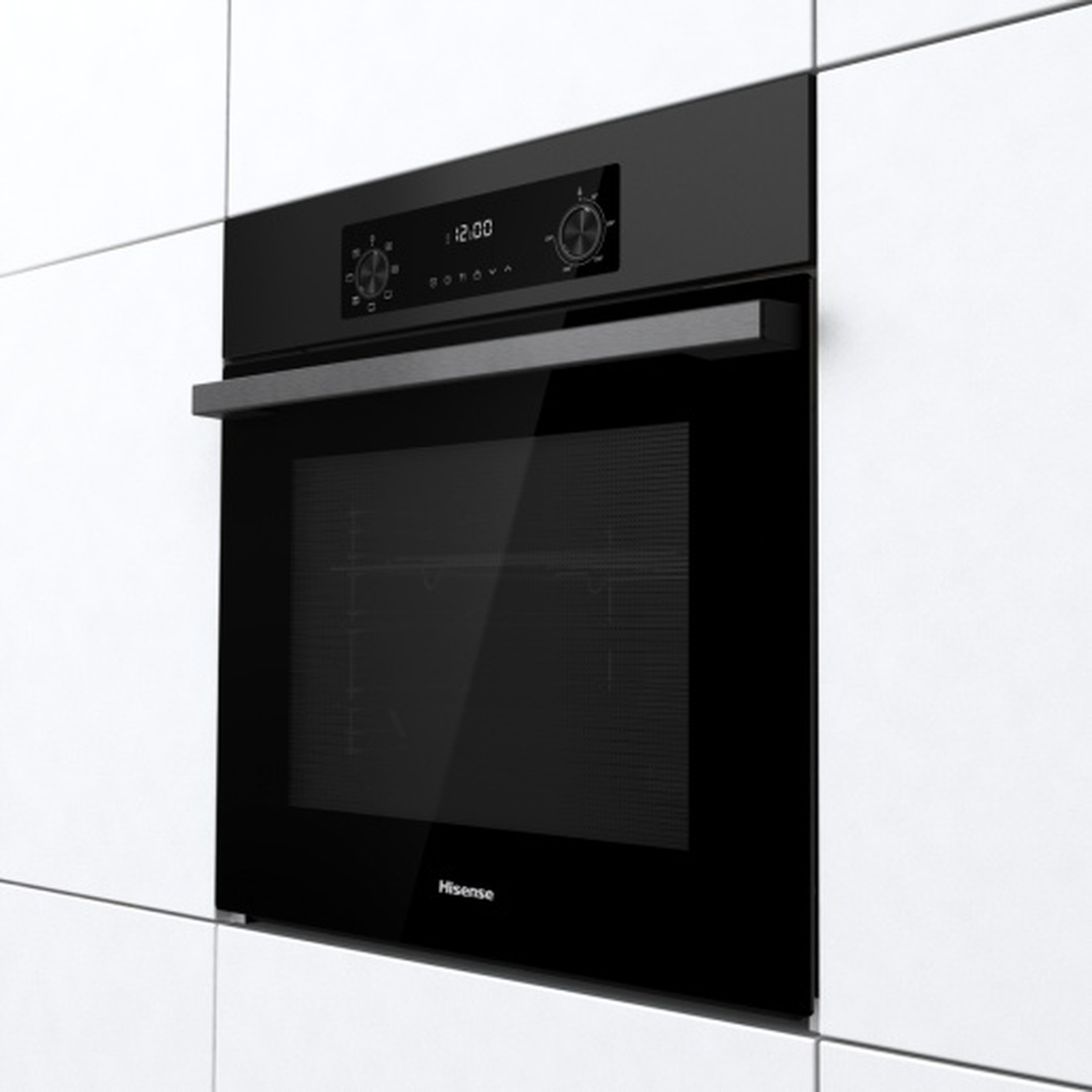 Un forno da incasso moderno e nero con display digitale e manopole.