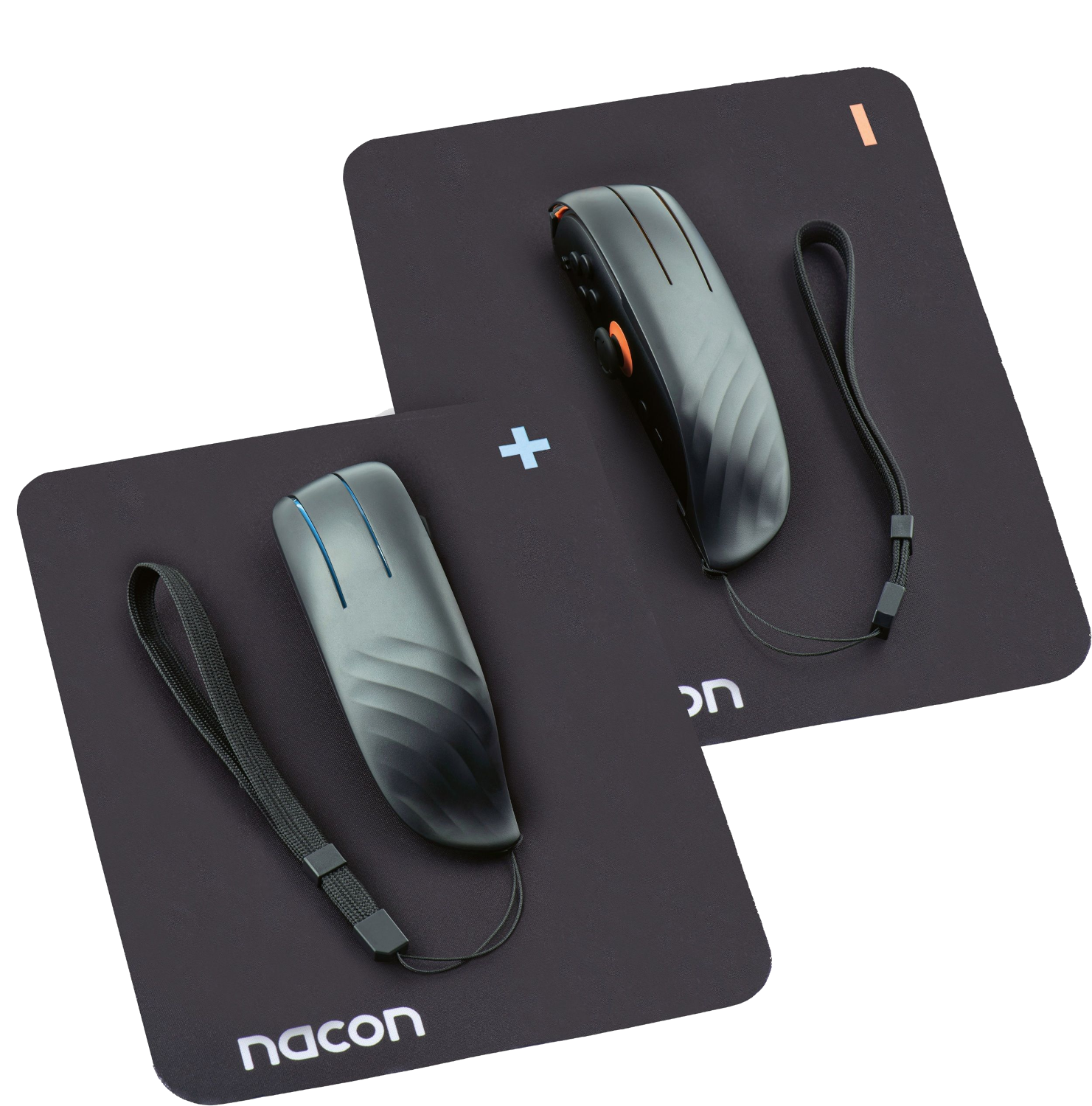 Deux souris de jeu noires sur tapis de souris Nacon avec dragonnes.