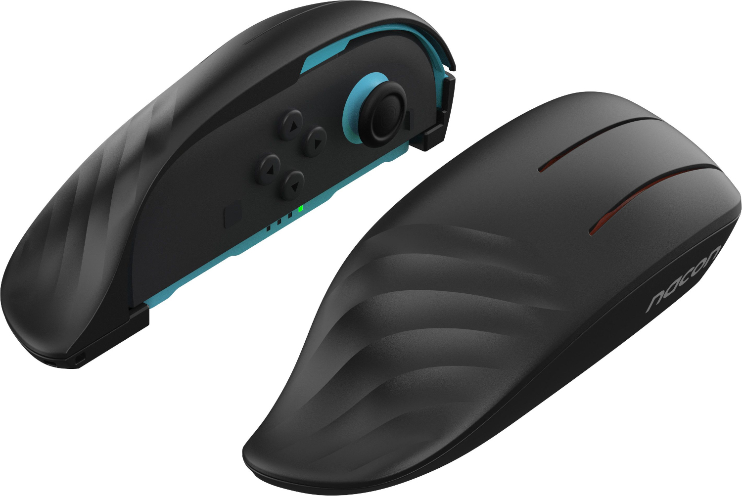 Deux manettes de jeu noires, une avec des accents et des boutons bleus.