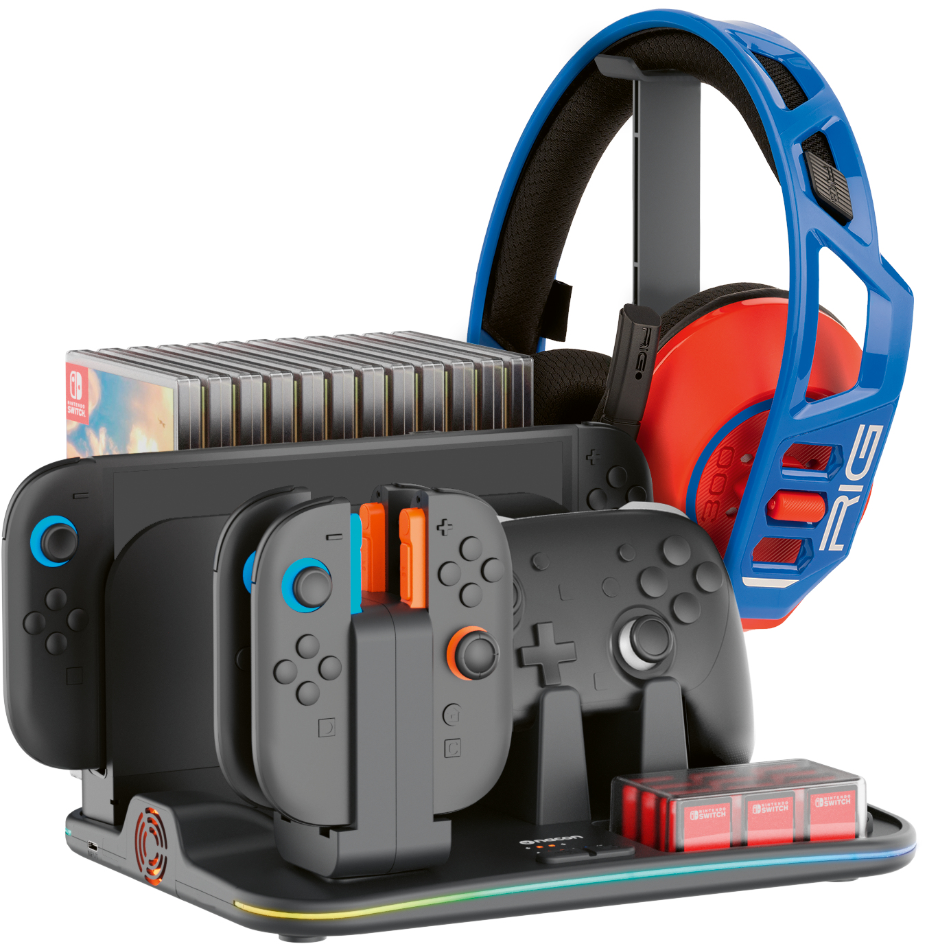 A gaming accessory stand with headphones, controllers, games, and a console.
