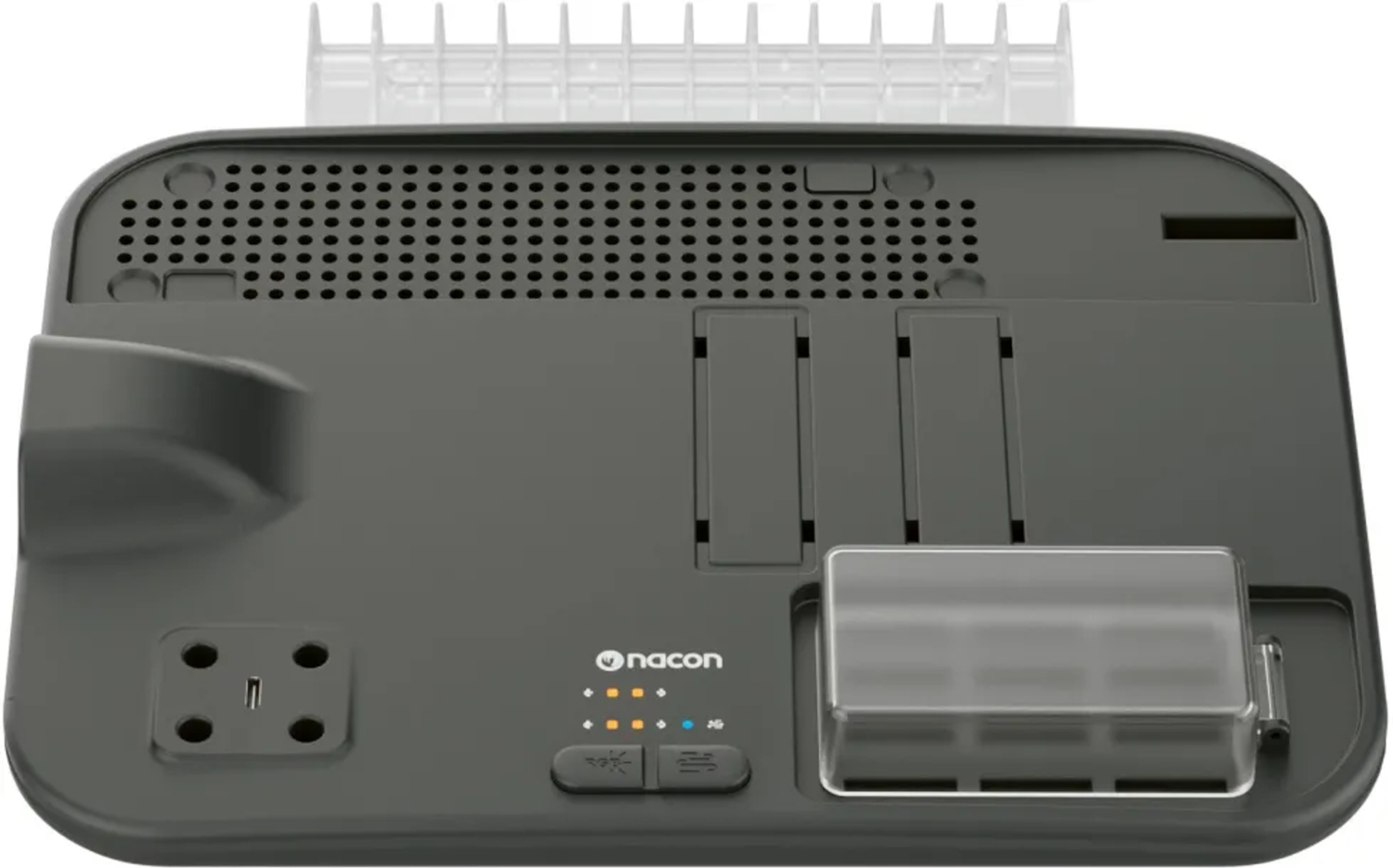 Back of a gray device with vents, ports, and Nacon logo.