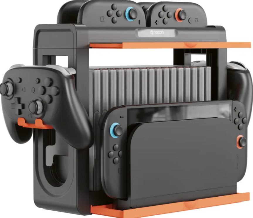 Black gaming organizer with orange accents holding games, controllers, and console.