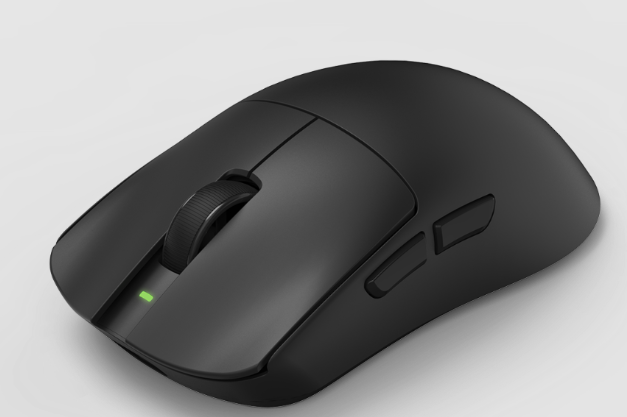 Schwarze kabellose Maus mit Scrollrad und grüner LED auf grauem Hintergrund.