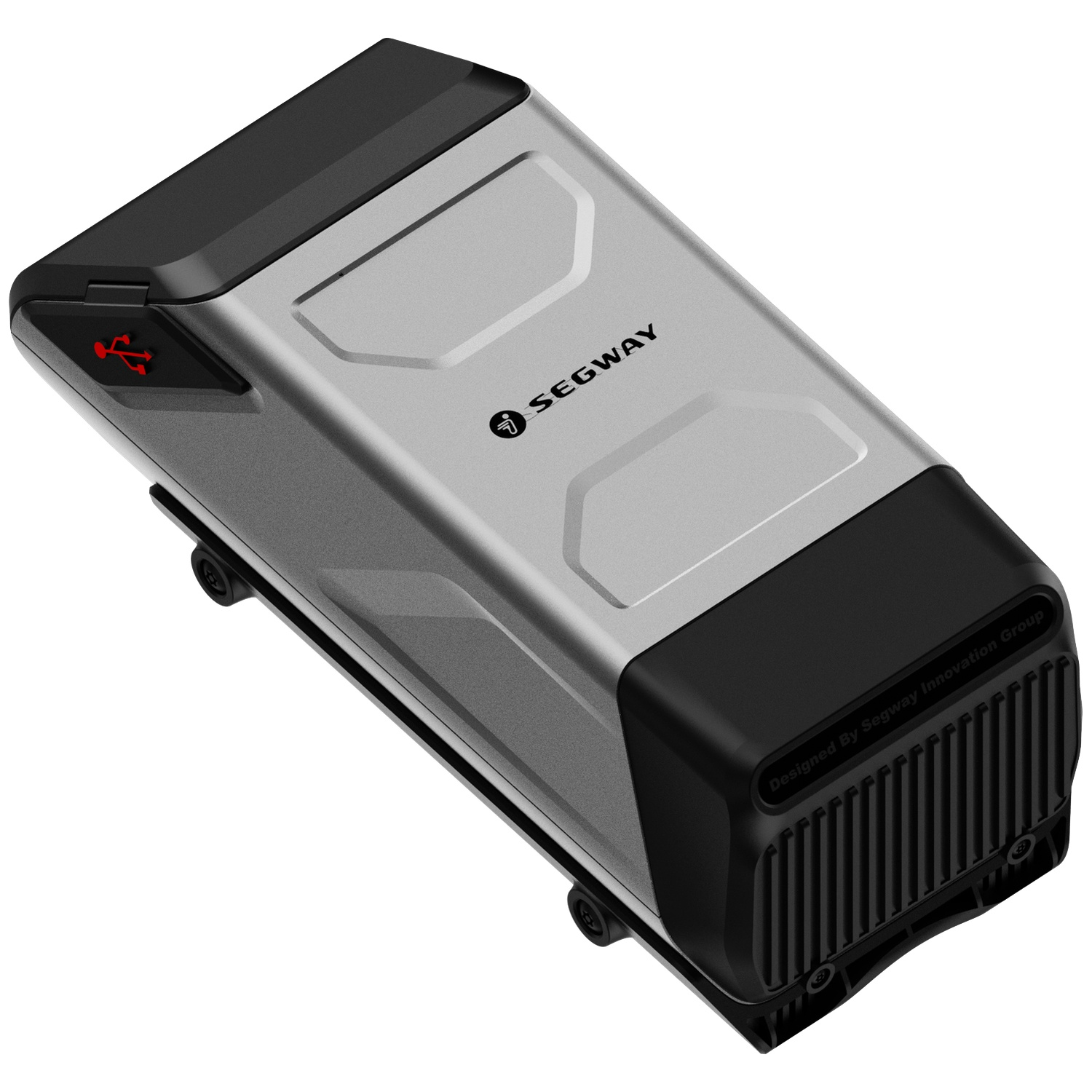 A silver battery pack with black accents, featuring Segway logo and USB symbol.