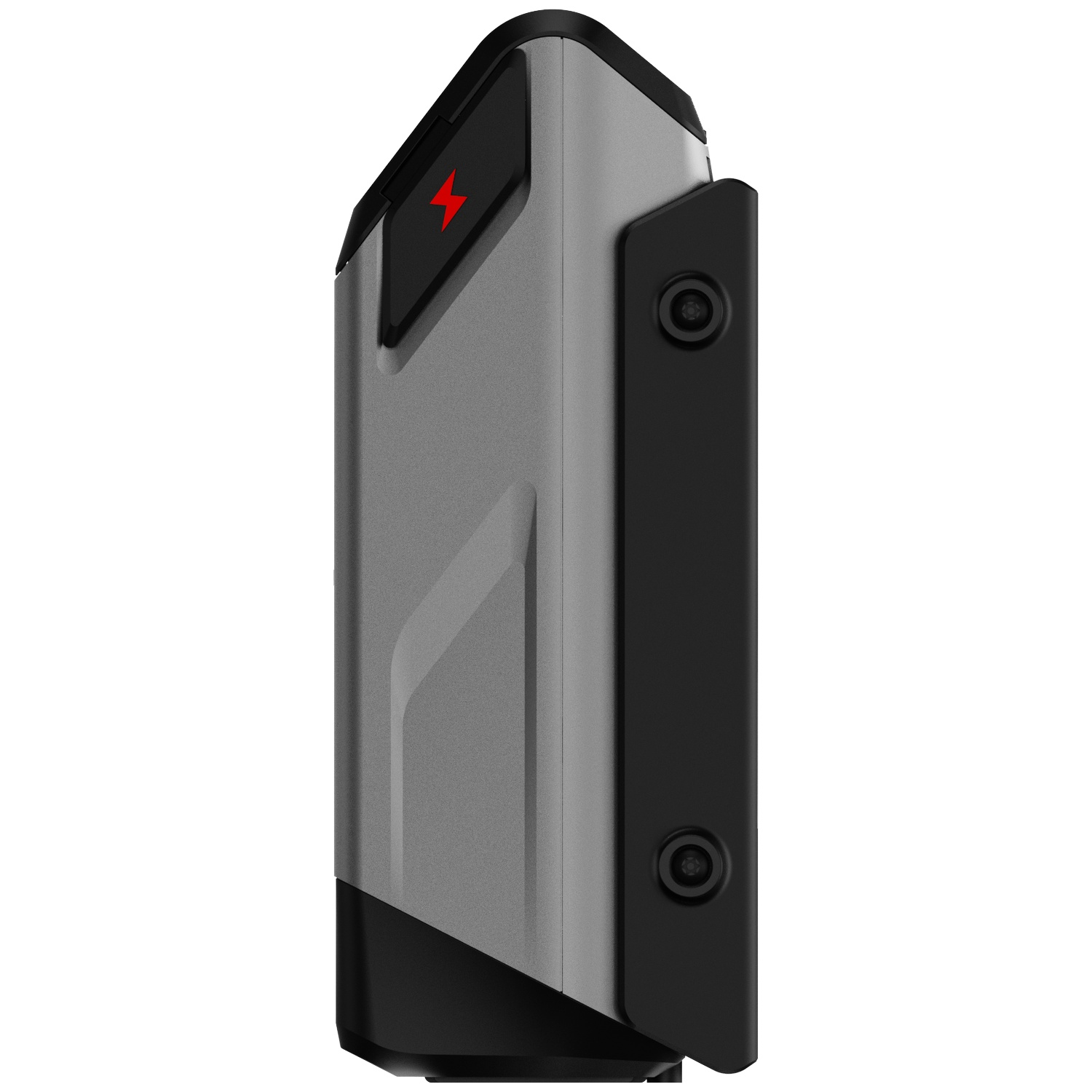 Gray housing with red lightning bolt symbol and black bracket.