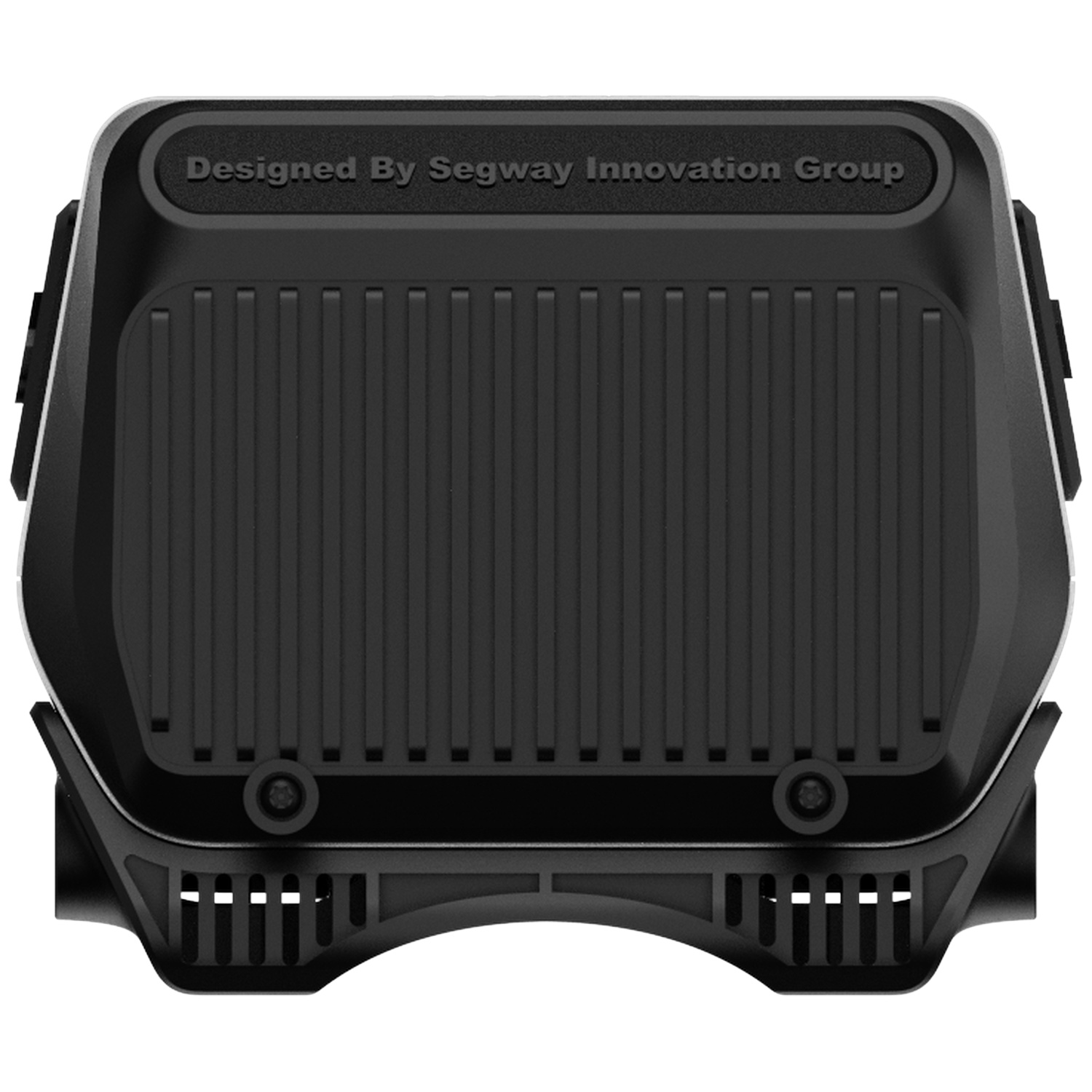 Black device with ribbed surface and text.