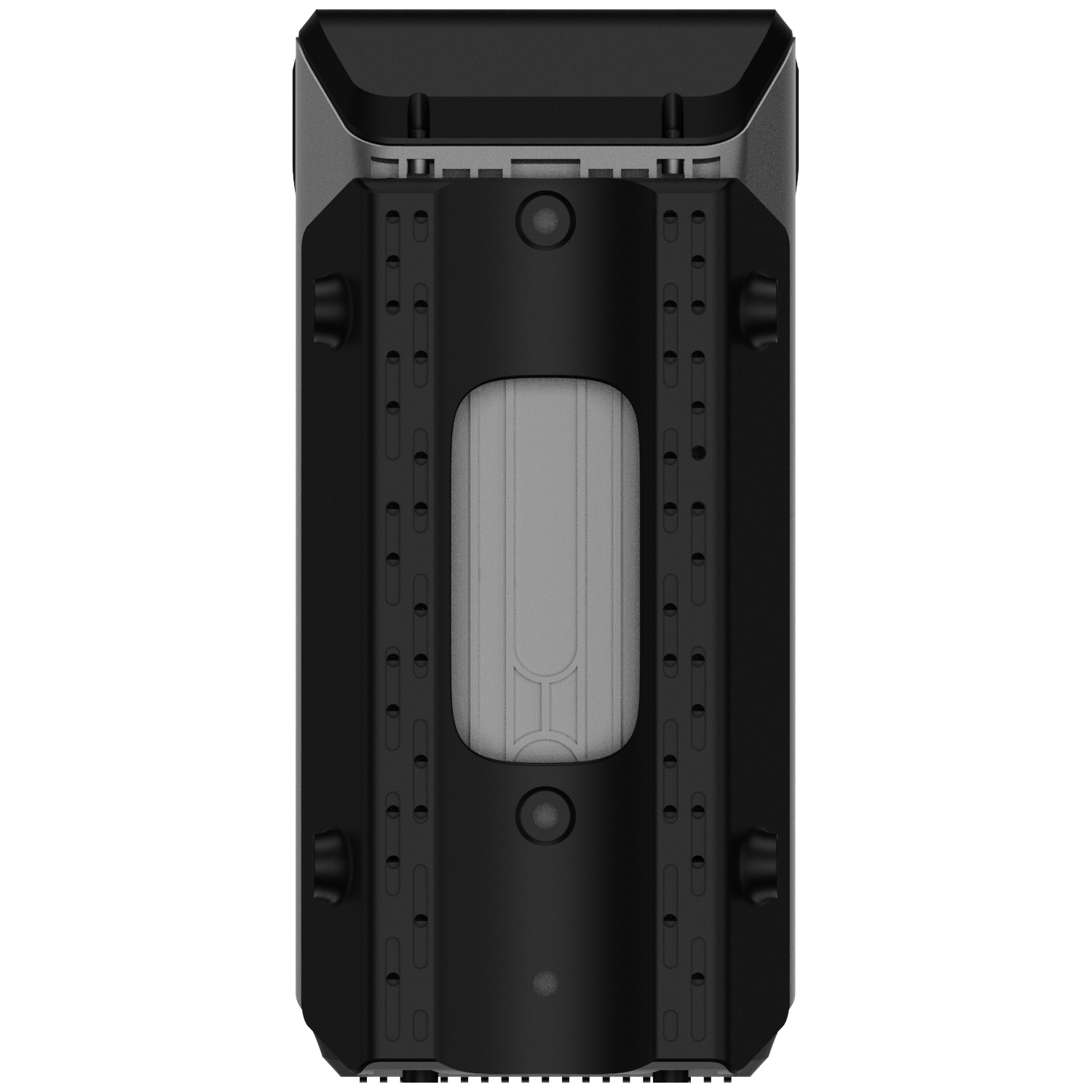 Black and gray housing with knobs and a patterned back.