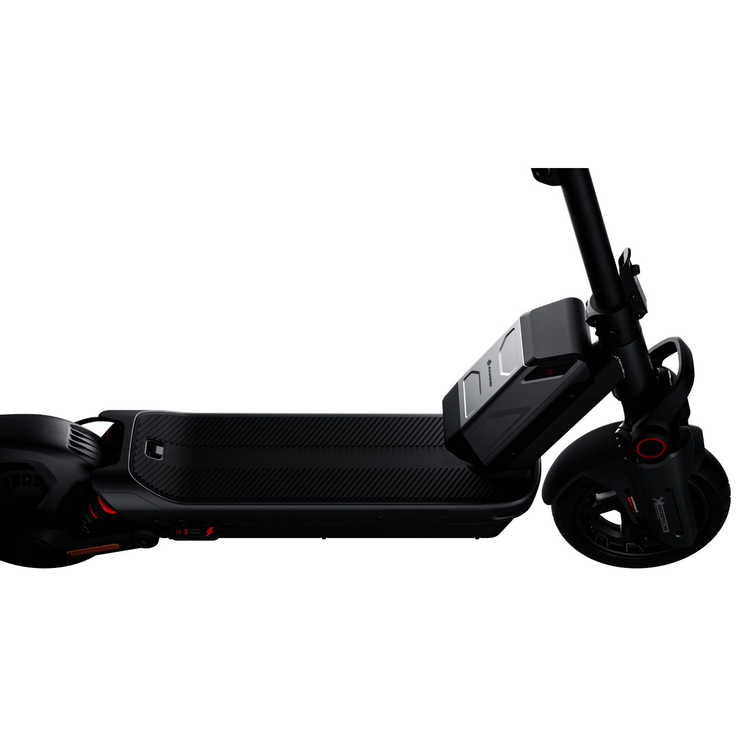 A black electric scooter with a silver battery pack and handlebars.