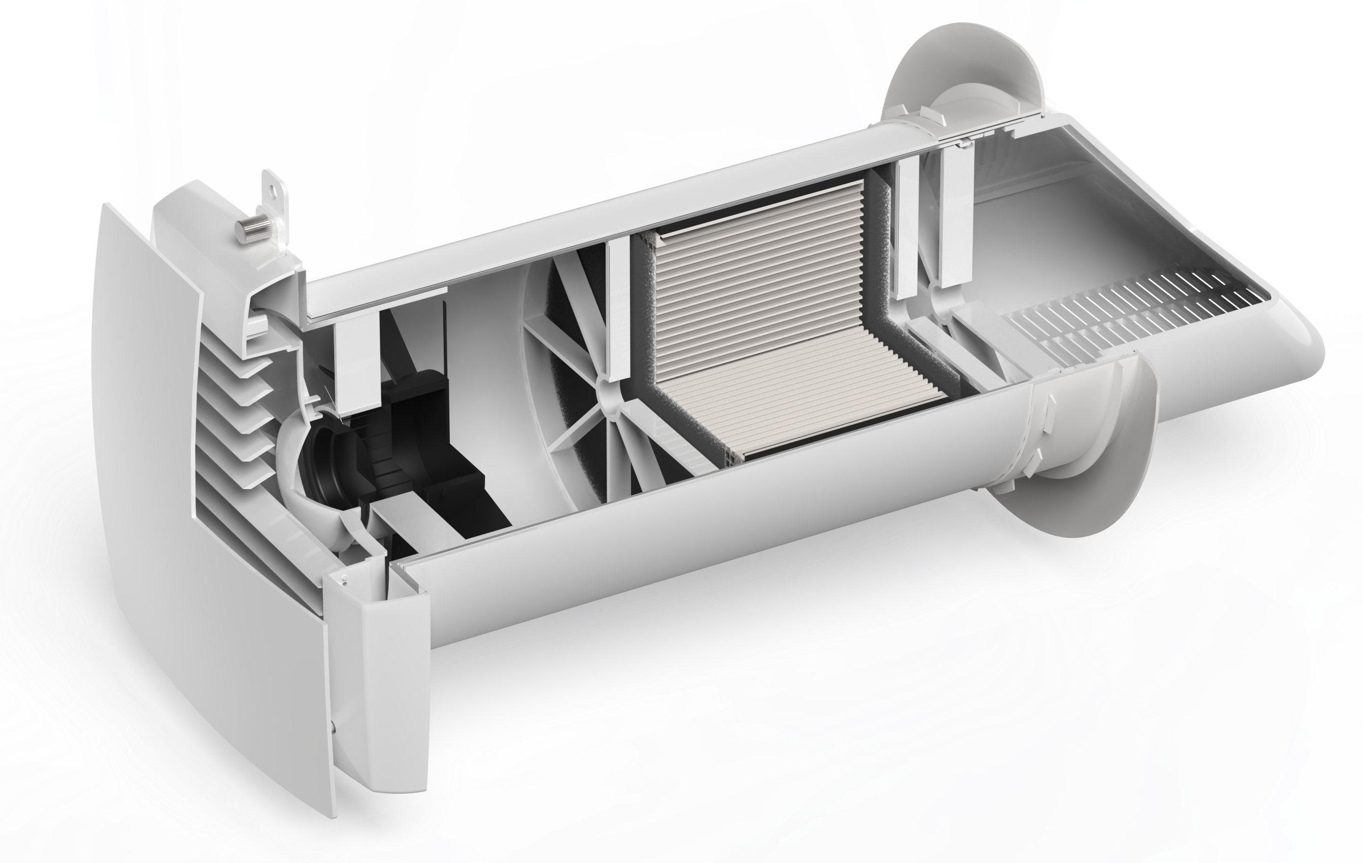 Fehér ventilátorház keresztmetszete ventilátorral, szűrőkkel és lamellákkal.