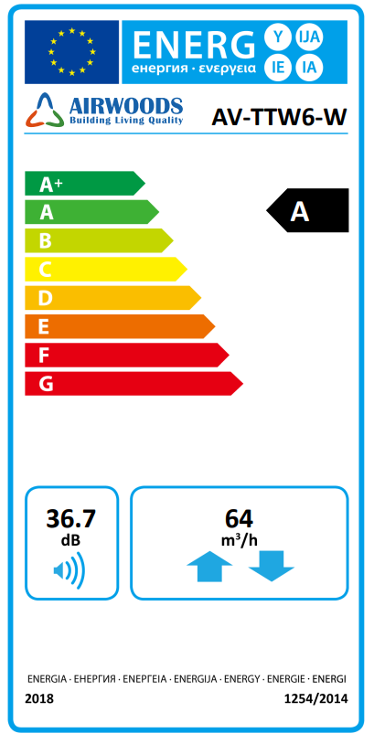 Energia címke AIRWOODS AV-TTW6-W, 36,7 dB, 64 m³/h, A energiaosztály.