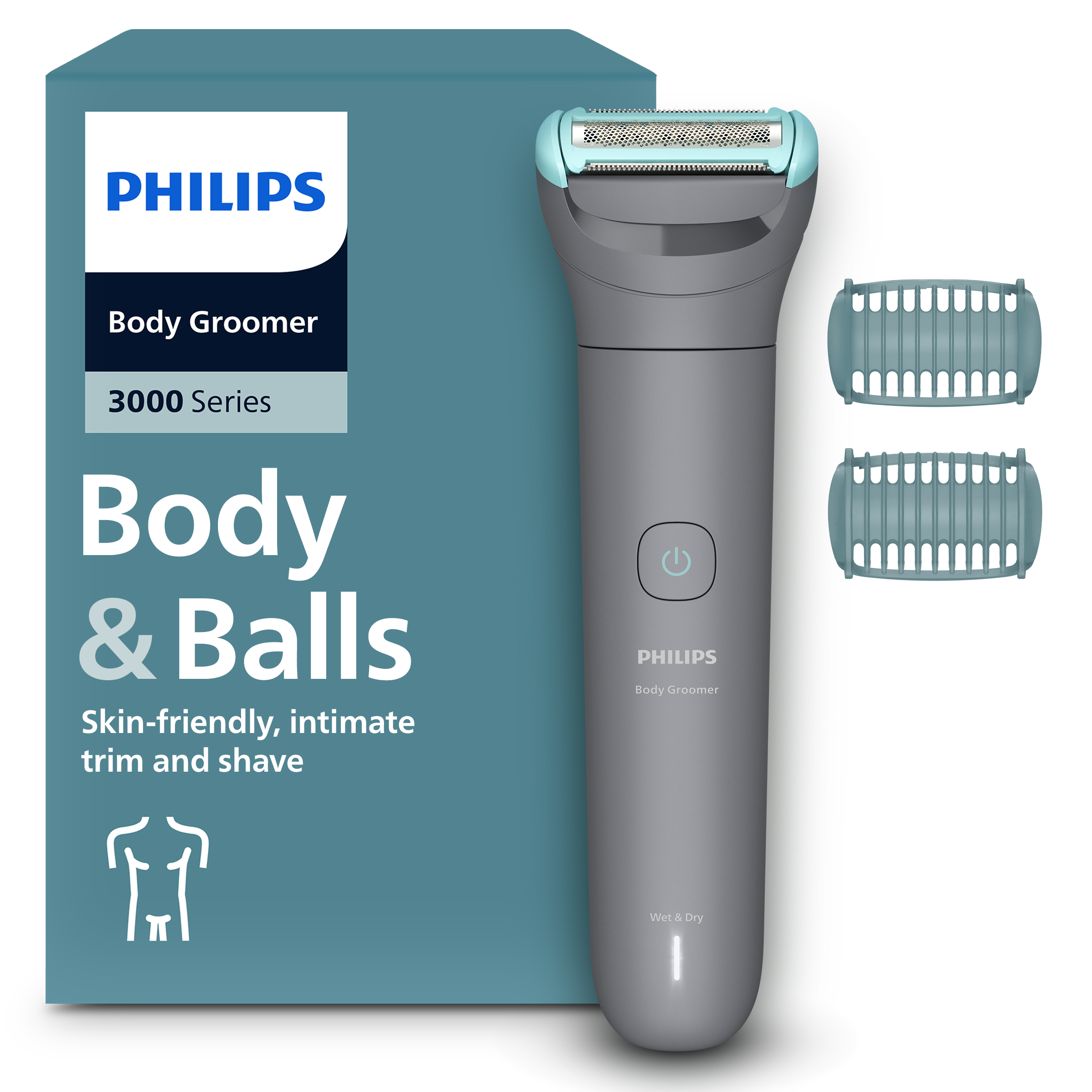 Szary trymer do ciała Philips Body Groomer 3000 Series z dwoma nasadkami obok niebieskiego opakowania.