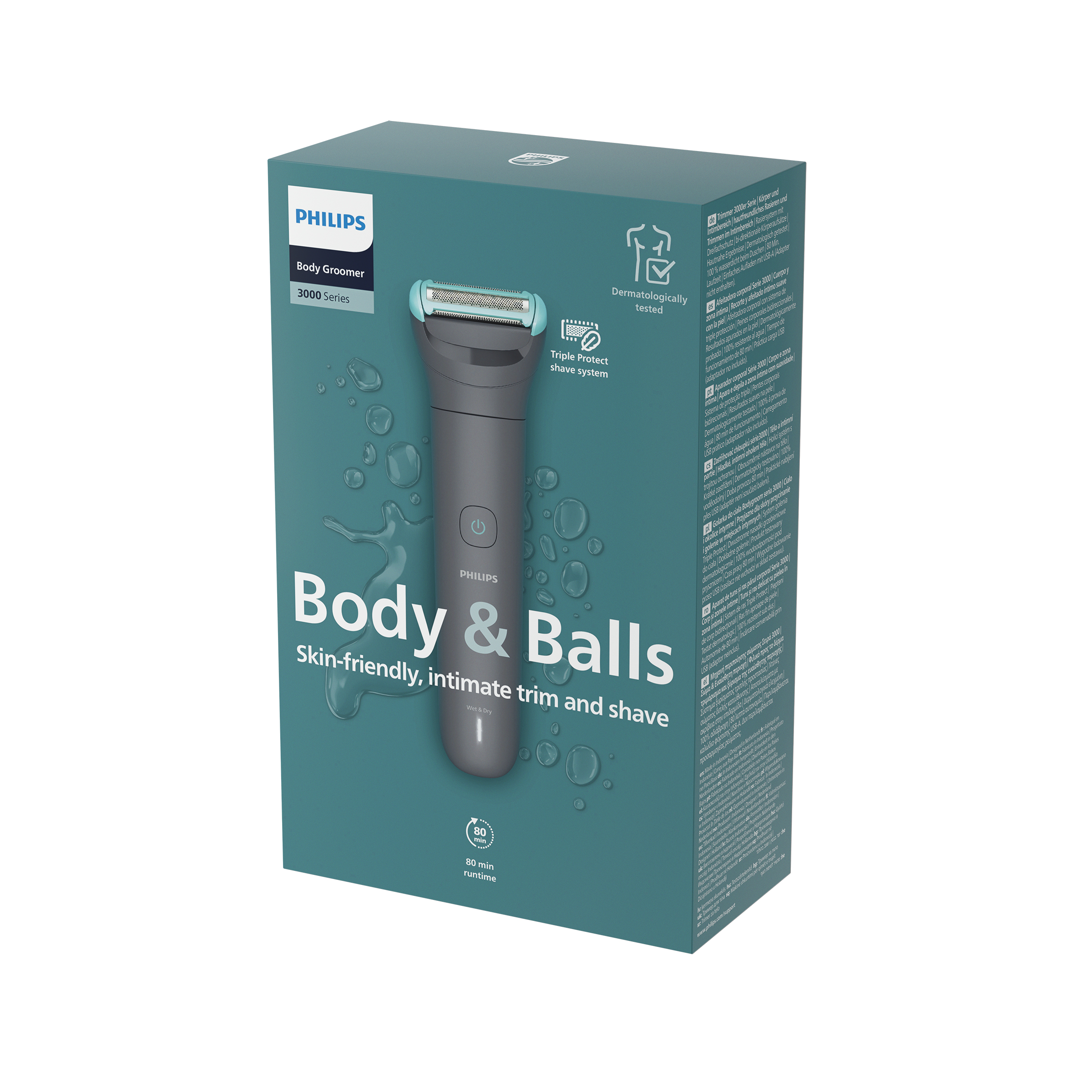 Philips Body Groomer Seria 3000, 80 min pracy. Przyjazny dla skóry.