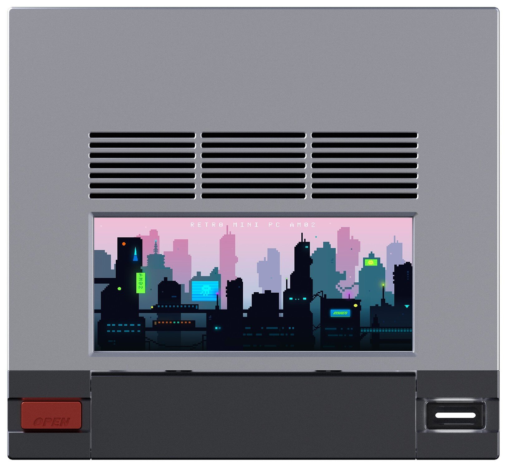 Szara obudowa z otworami wentylacyjnymi i ekranem z pikselowym pejzażem miejskim.