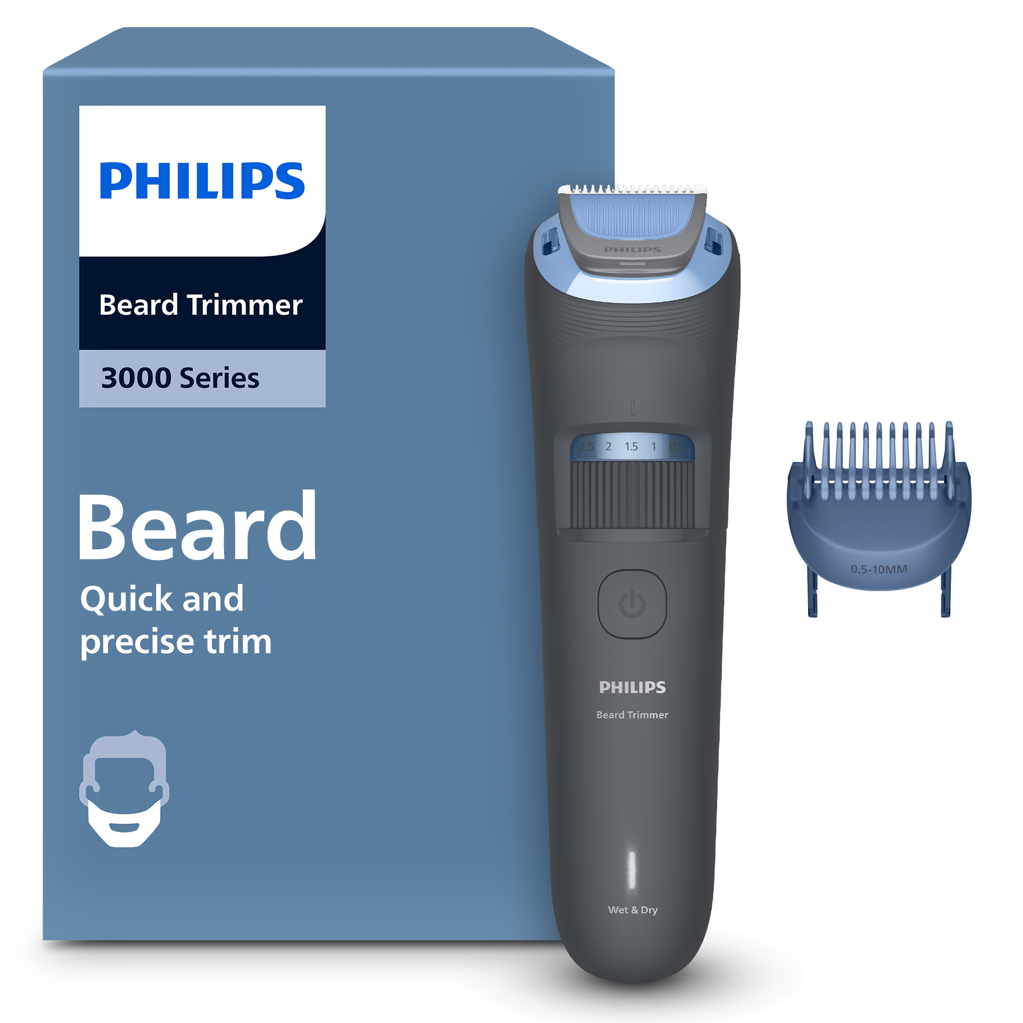 Trymer do brody Philips, seria 3000, z nasadką grzebieniową. Szary trymer.