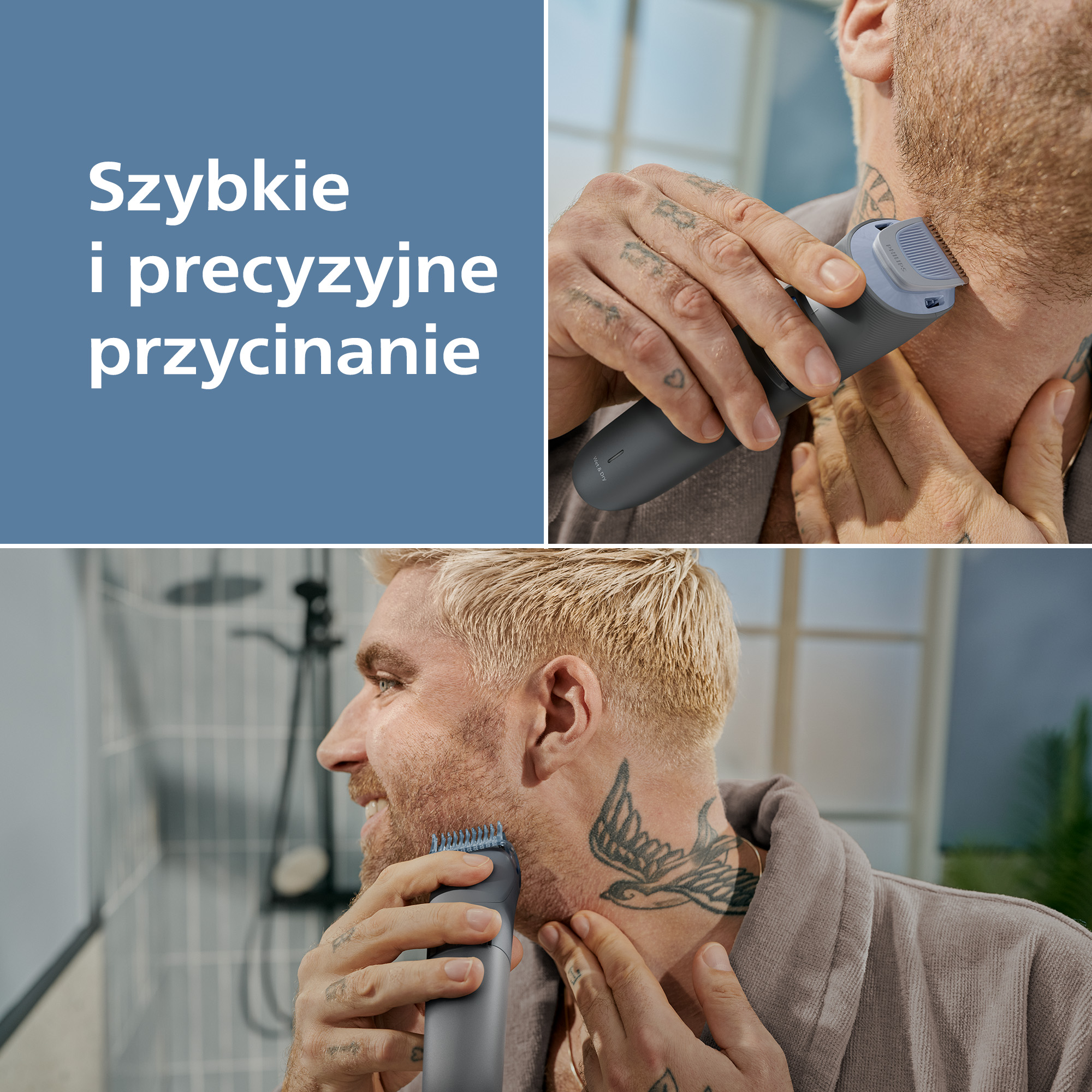 Mężczyzna przycina brodę elektryczną maszynką w łazience.