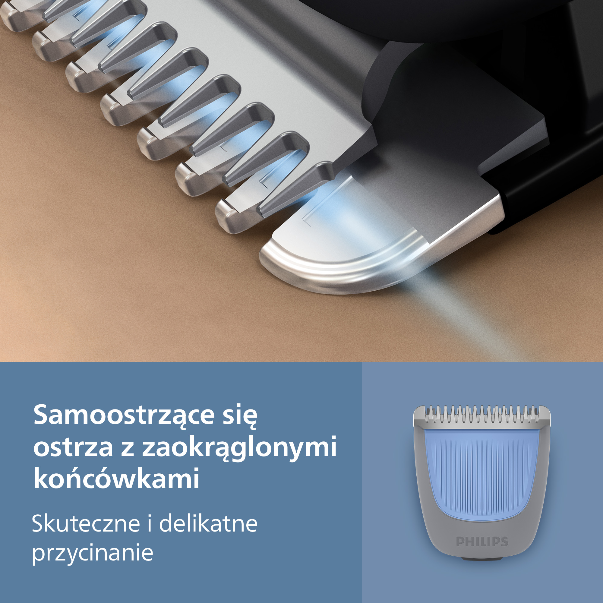 Zbliżenie ostrza trymera z niebieskimi akcentami na brązowej powierzchni.