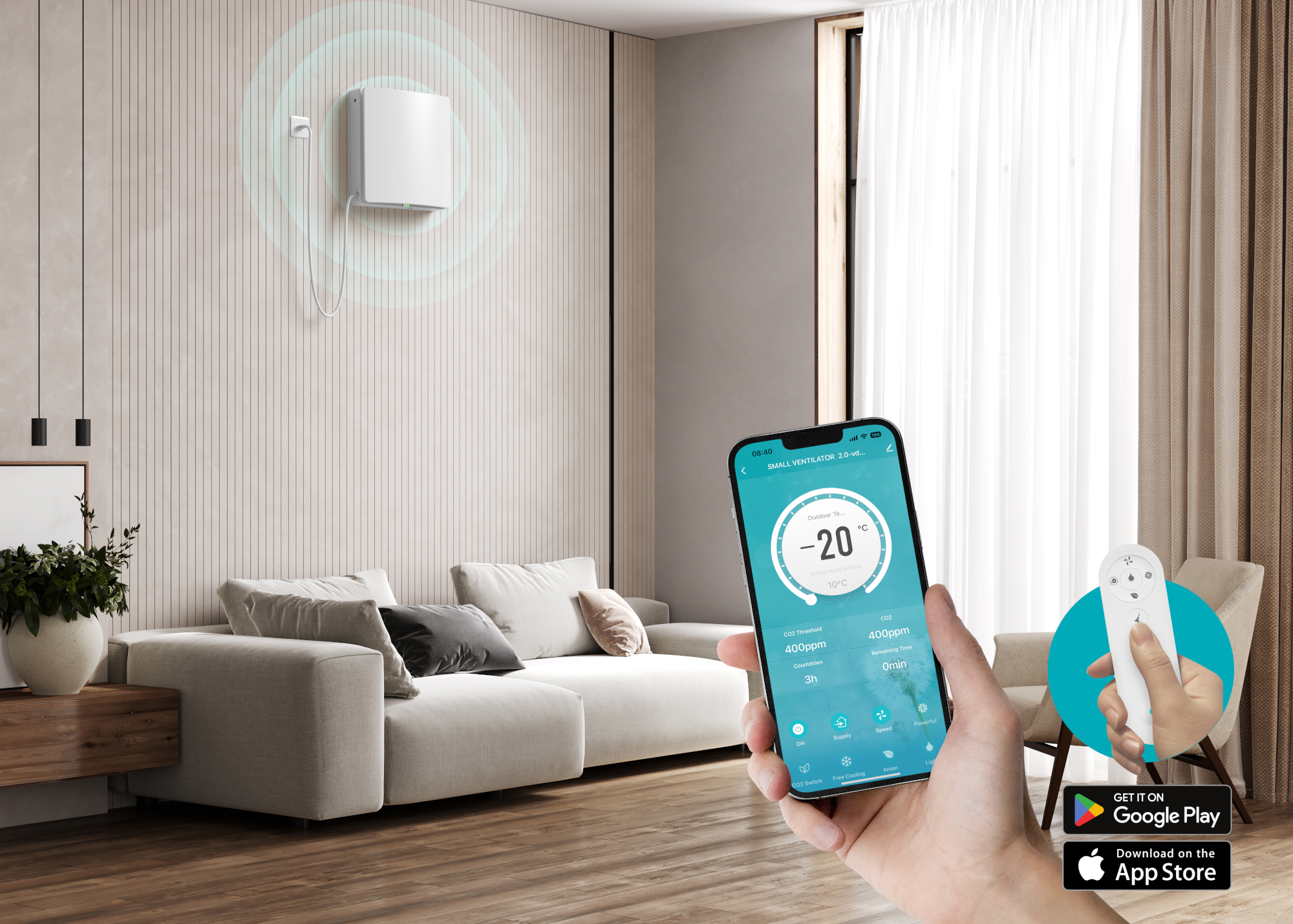 Egy fehér ventilátor a falon, okostelefonos alkalmazással vezérelve. Távirányító látható.