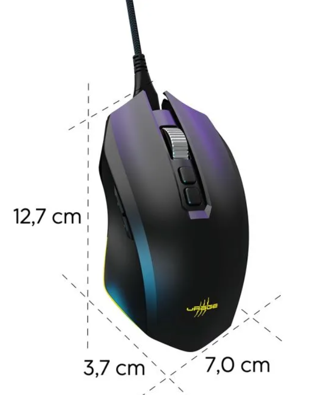 Schwarze Gaming-Maus mit RGB-Beleuchtung und Maßen 12,7x7,0x3,7 cm.