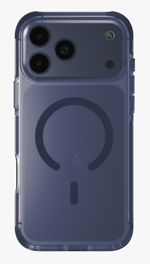 Ciemnoniebieski telefon z trzema aparatami i kółkiem MagSafe.