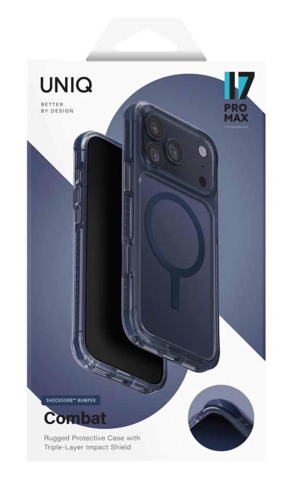 Przezroczyste etui ochronne do iPhone 17 Pro Max z niebieską ramką.