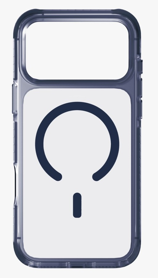 Przezroczyste etui na telefon z niebieskim paskiem i symbolem pierścienia magnetycznego.