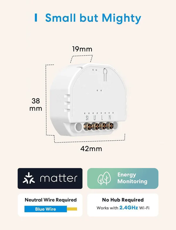 Egy fehér, kompakt okosotthon modul méretekkel és csatlakozókkal.