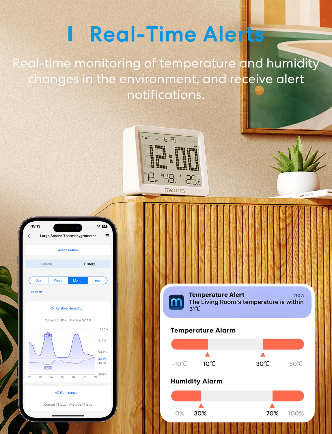 Digitális eszköz mutatja a hőmérsékletet, páratartalmat és időt. App riasztásokat jelenít meg.