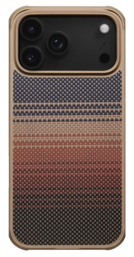 Tył smartfona z trzema aparatami i wzorem z niebieskich, czerwonych i czarnych włókien.