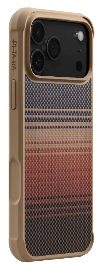 Beżowe etui na telefon w paski w kolorach niebieskim, beżowym i czerwonym.