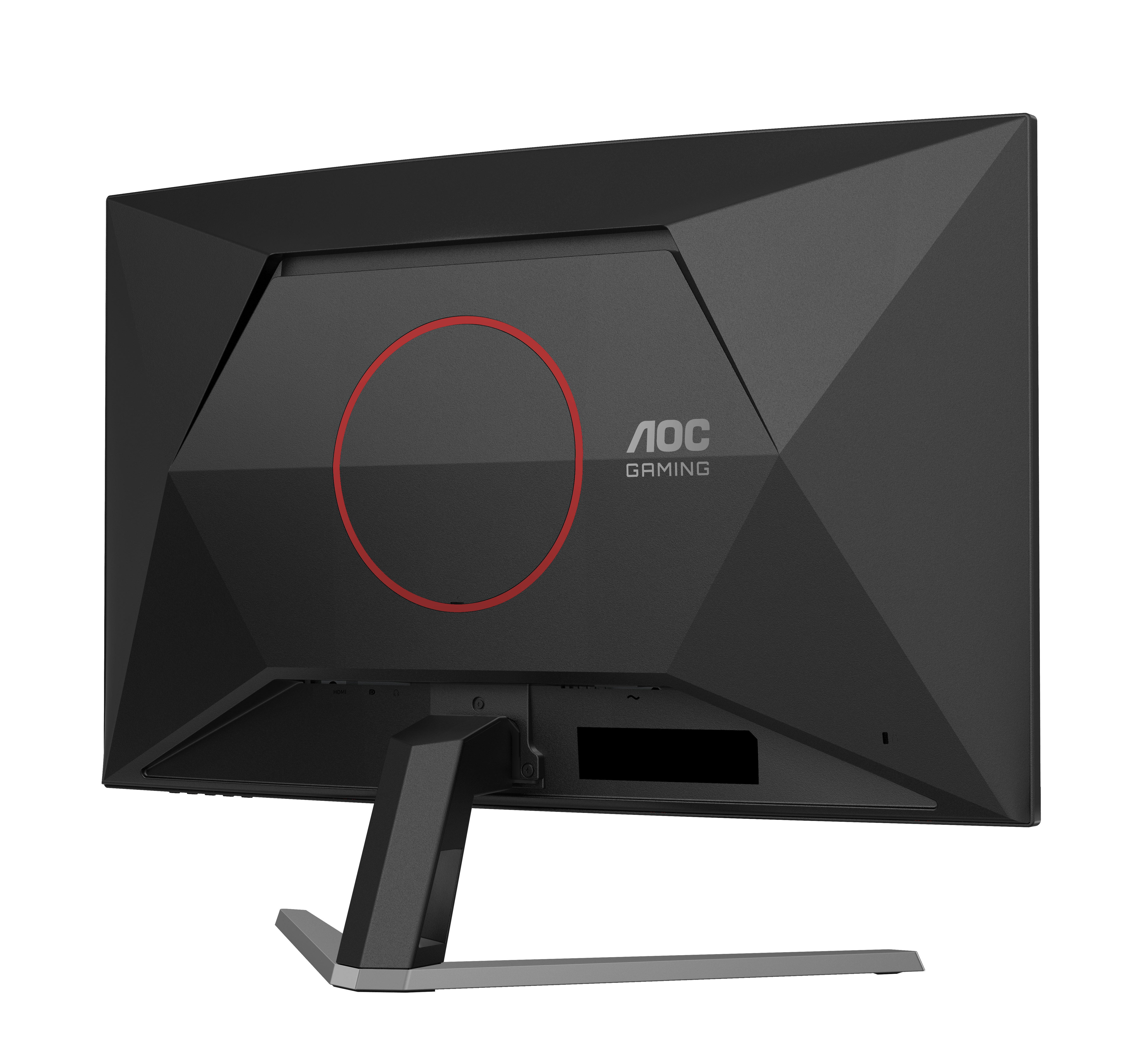 Rückseite eines schwarzen AOC Gaming Monitors mit roten Kreisdetails.