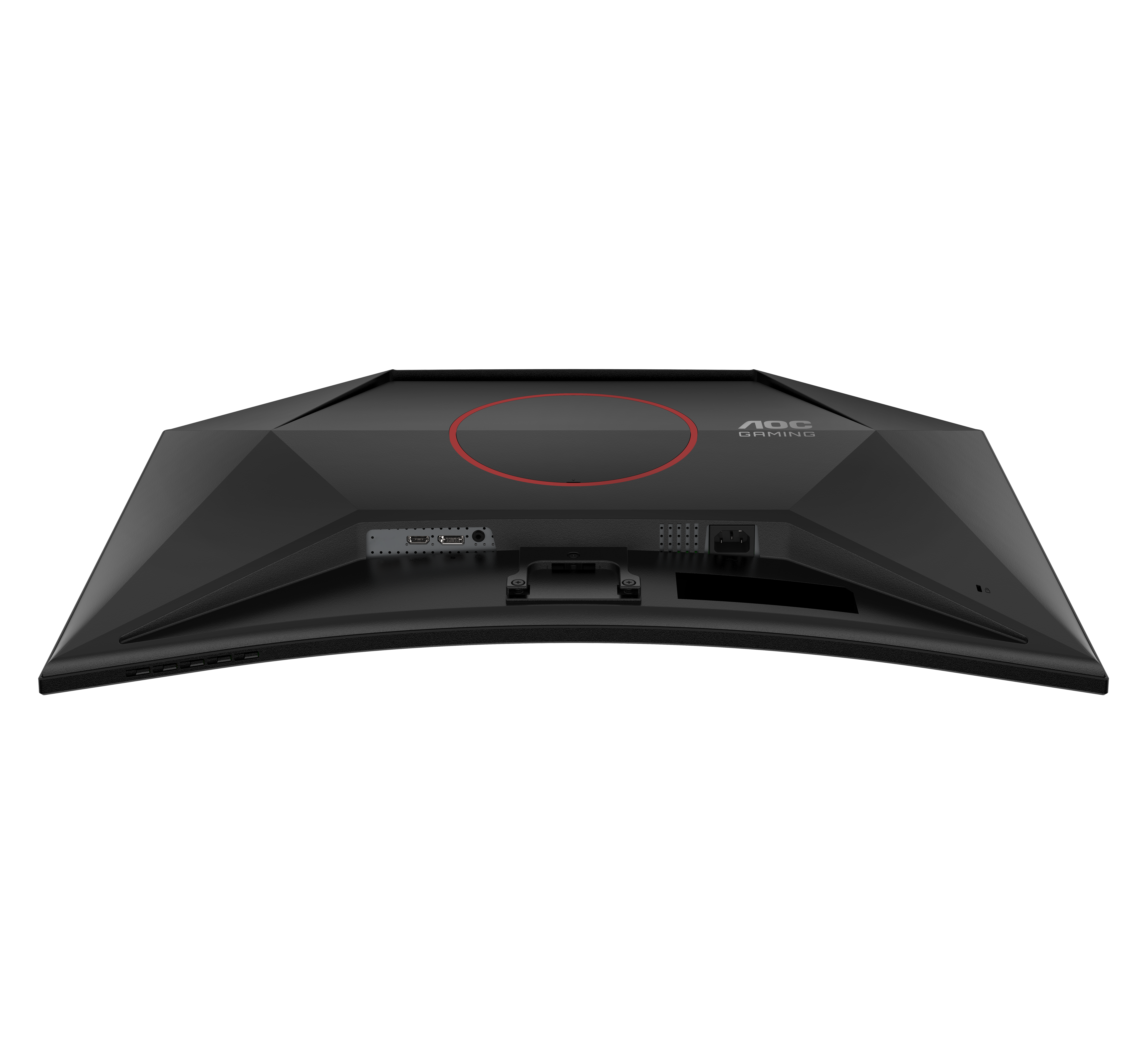 Rückseite eines schwarzen AOC Gaming Monitors mit Anschlüssen.