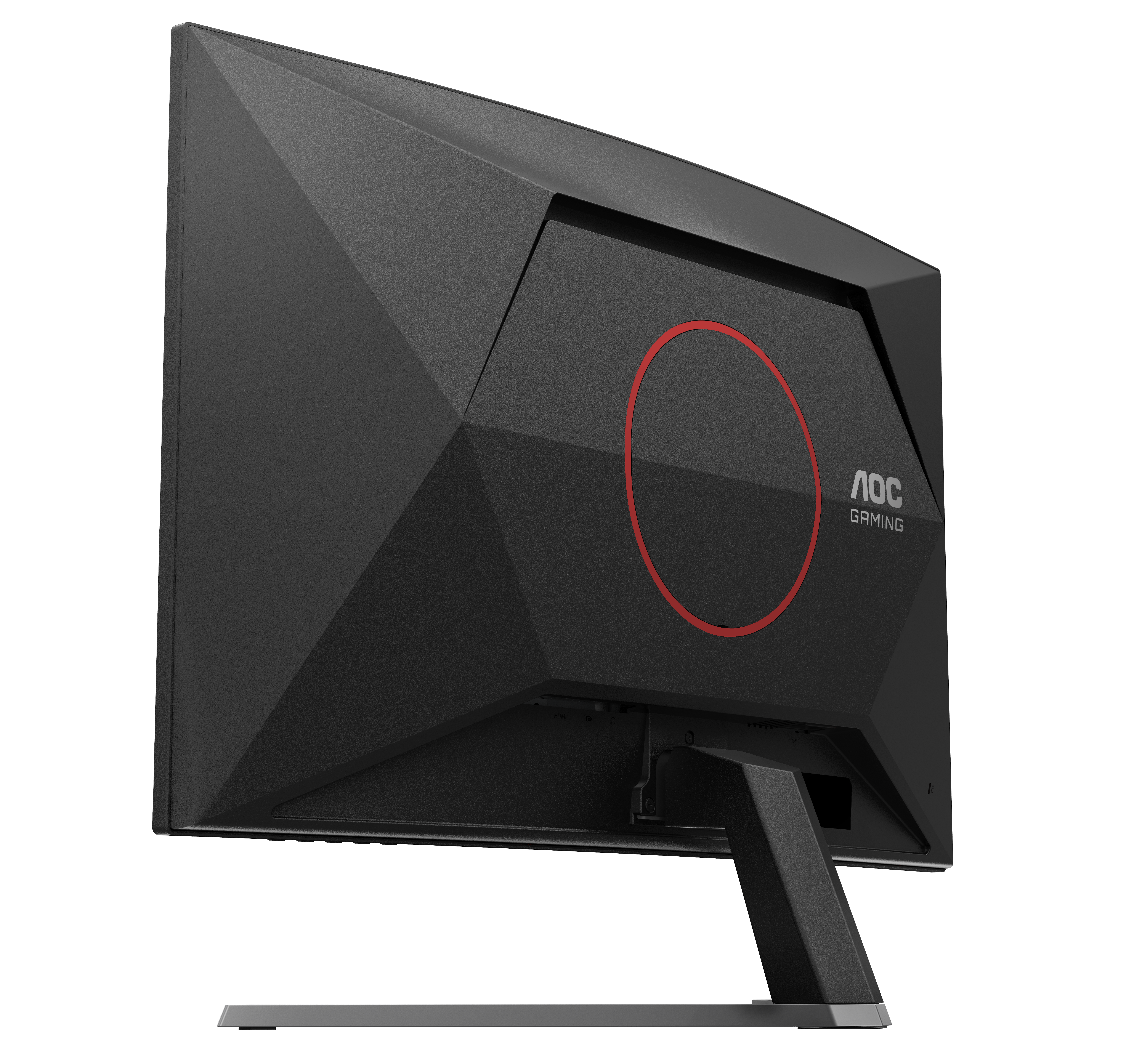 Rückseite eines schwarzen AOC Gaming Monitors mit rotem Kreisdetail.
