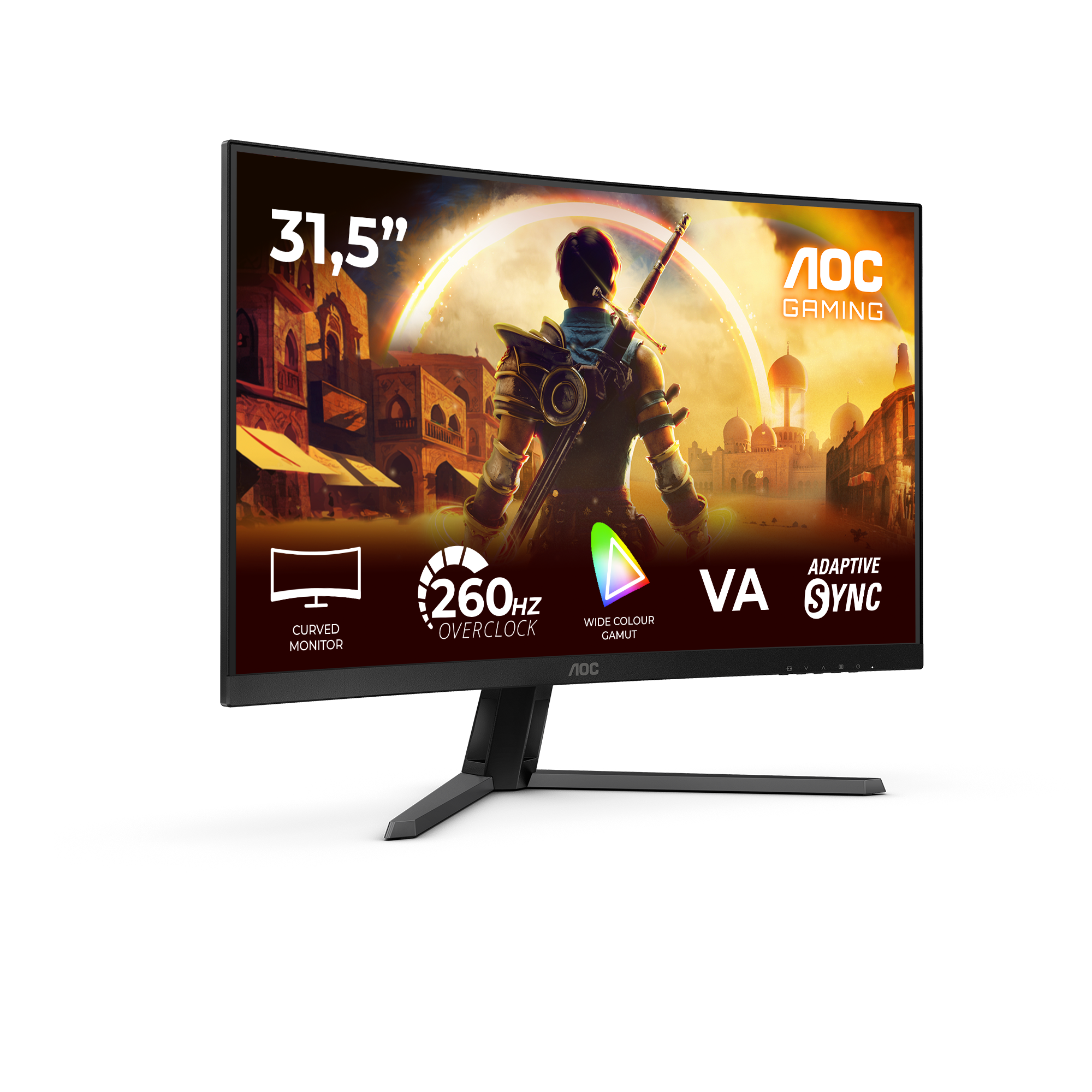 Ein 31,5 Zoll AOC Gaming Monitor mit einer Spielszene.