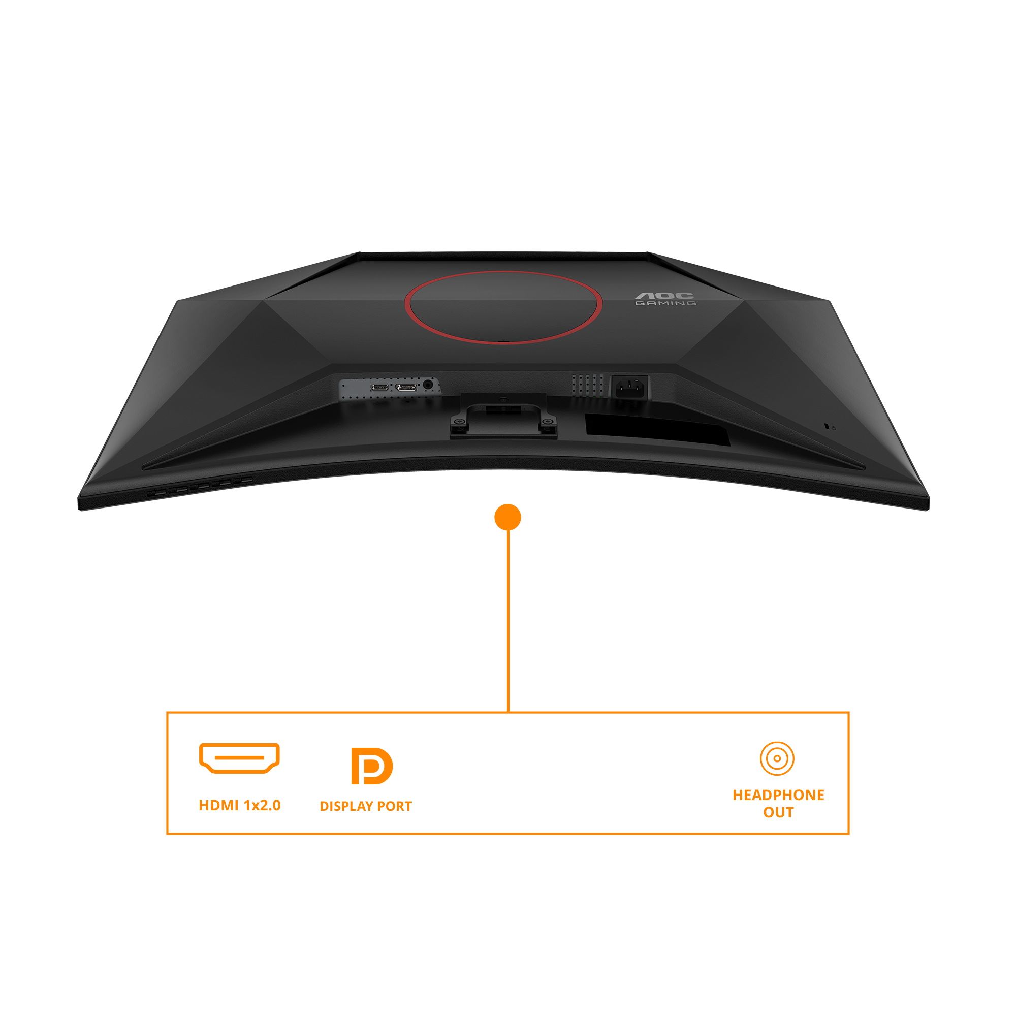Rückseite eines schwarzen AOC Gaming Monitors mit Anschlüssen: HDMI, DisplayPort, Kopfhörerausgang.
