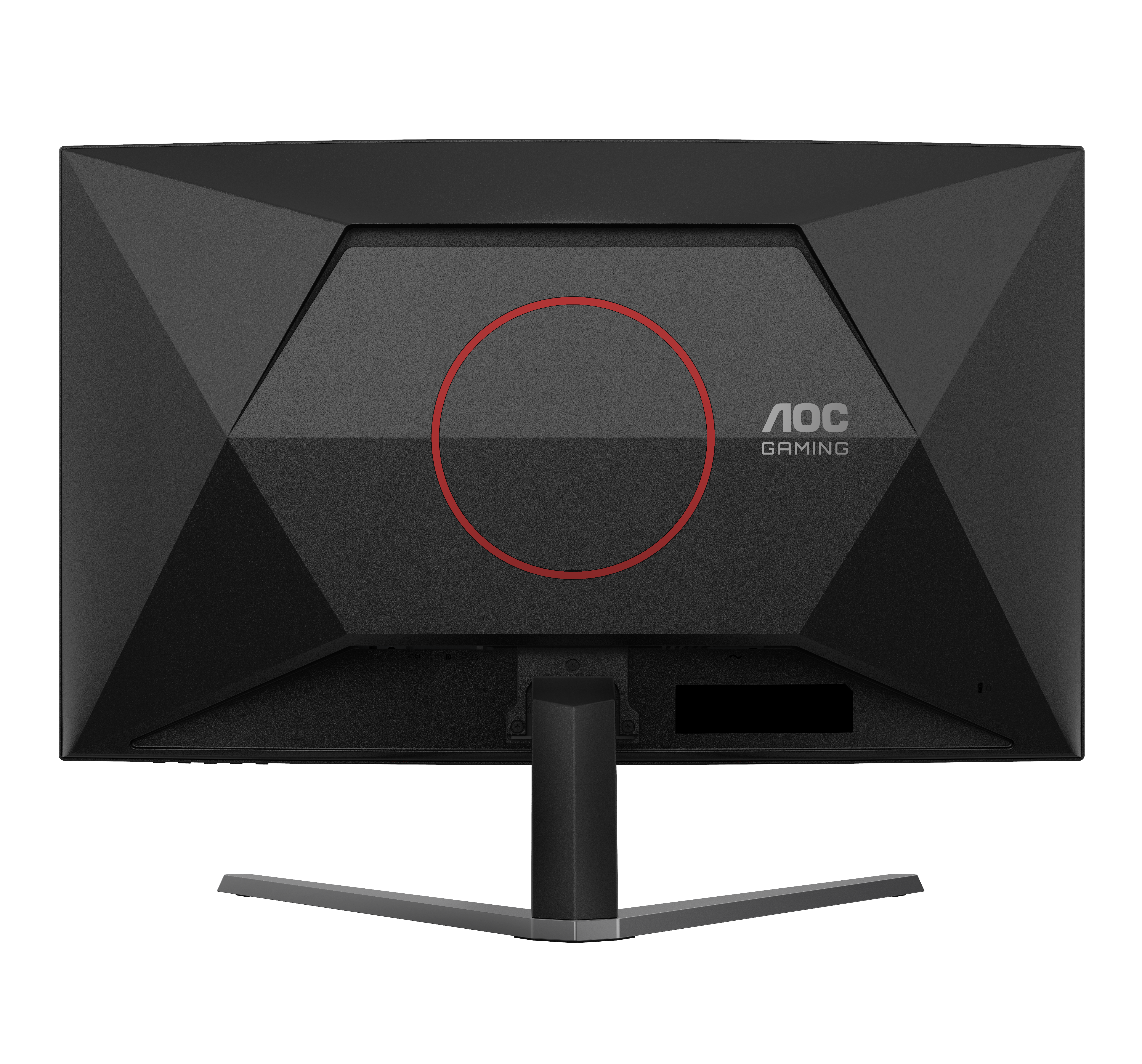 Rückseite eines schwarzen AOC Gaming Monitors mit rotem Kreis und Logo.