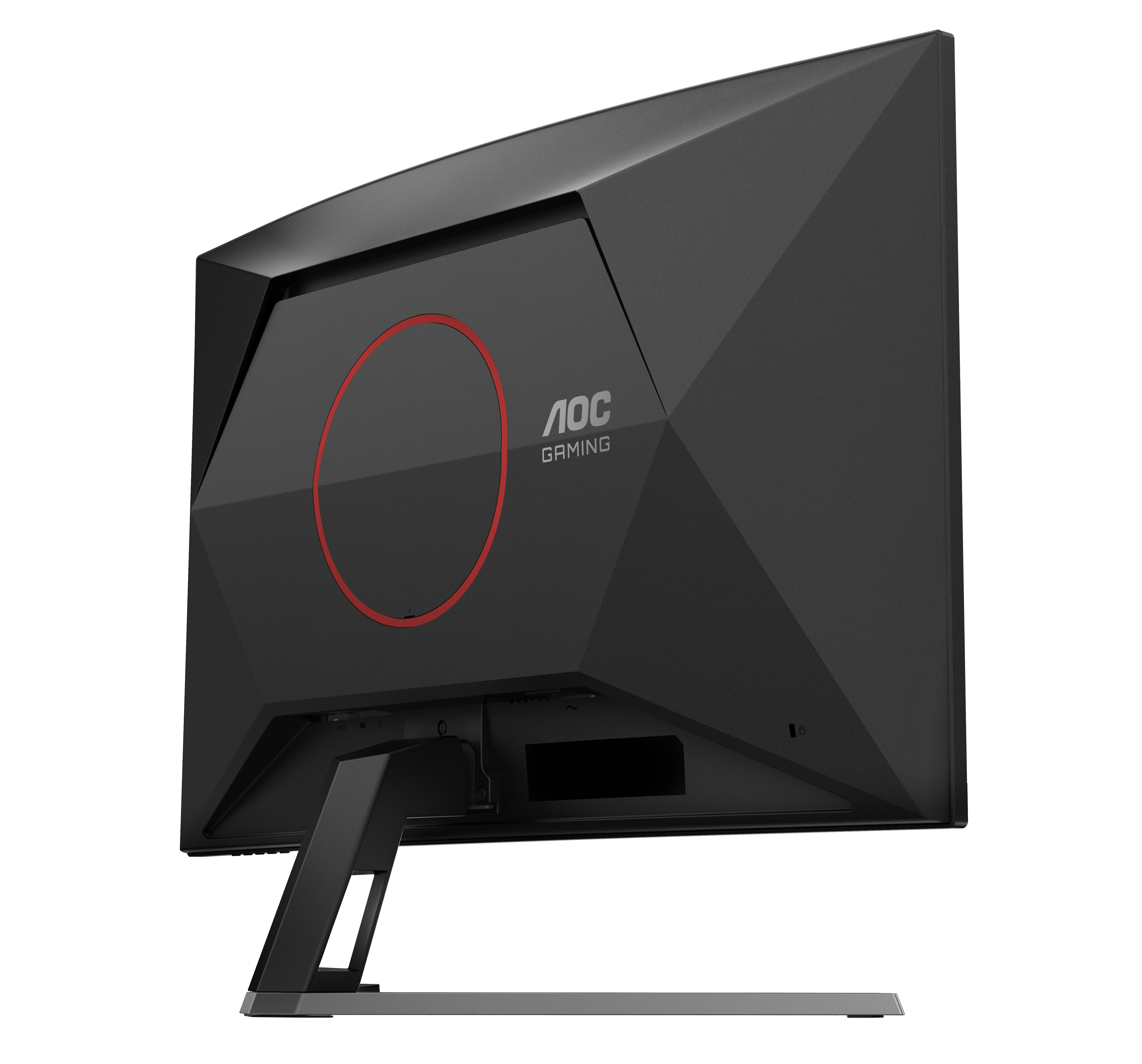 Rückseite eines schwarzen AOC Gaming Monitors mit rotem Kreis und Logo.