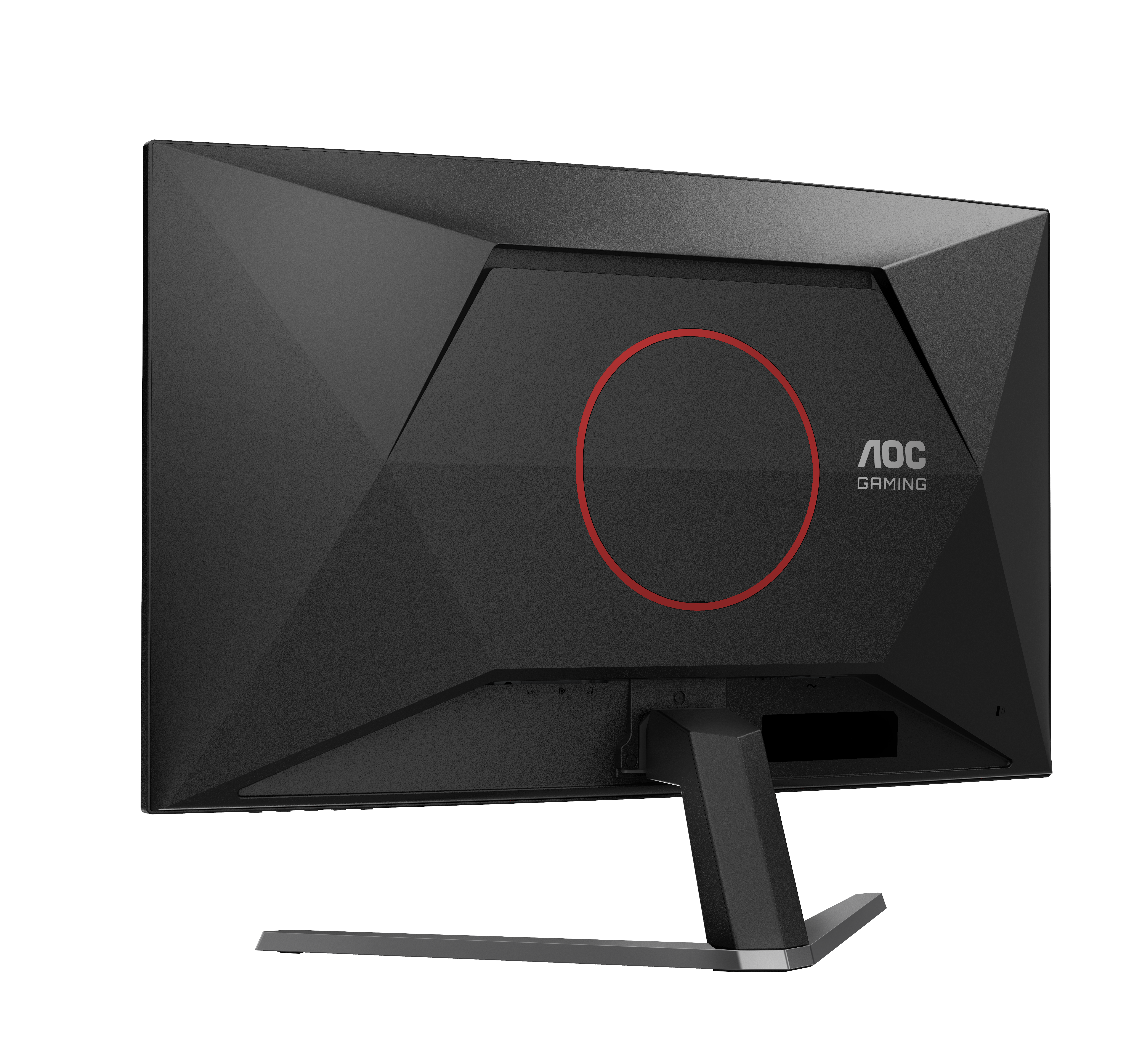 Rückseite eines schwarzen AOC Gaming Monitors mit roten Kreis und Anschlüssen.