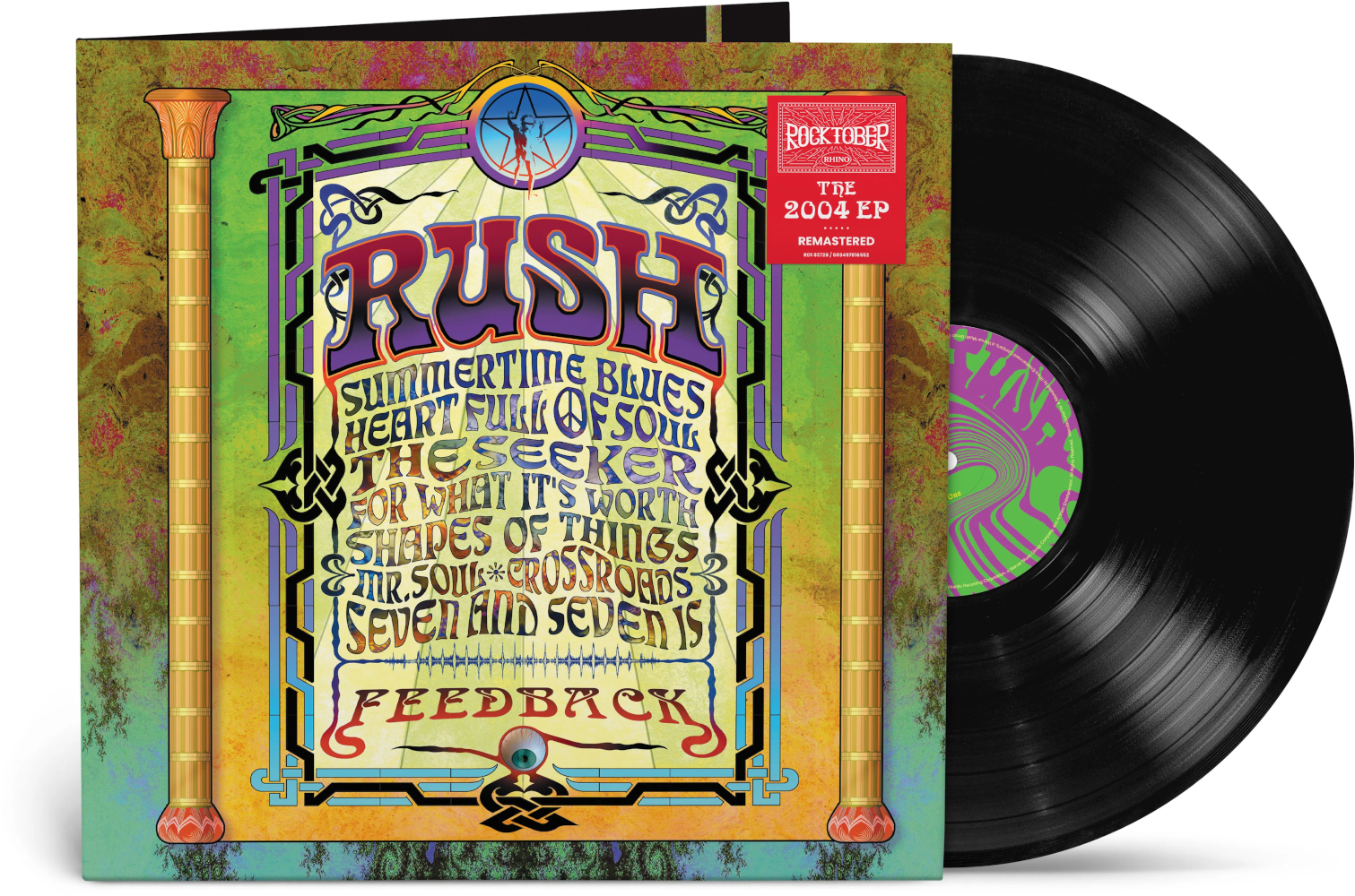 Rush 'Feedback' EP album borító, számlistával. Egy bakelit lemez mellette.