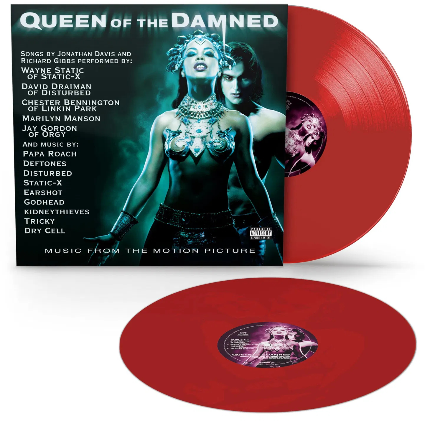 A "Queen of the Damned" film posztere két szereplővel és egy piros bakelit lemezzel.