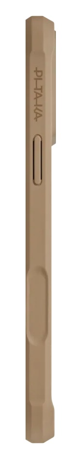 Brązowe etui na telefon z ośmiokątnym profilem i wygrawerowanym logo.