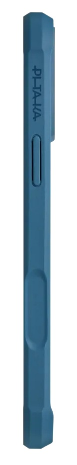 Niebieska, ośmiokątna obudowa telefonu z przyciskami i tekstem.