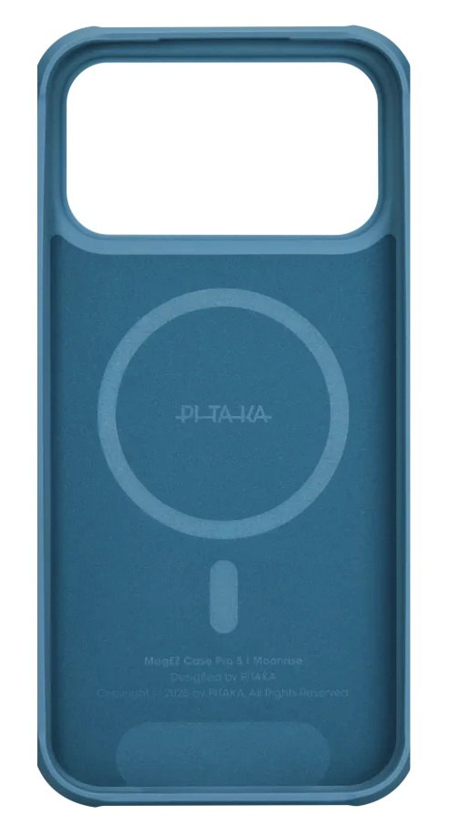 Niebieskie etui na telefon z pierścieniem MagSafe i logo marki w środku.