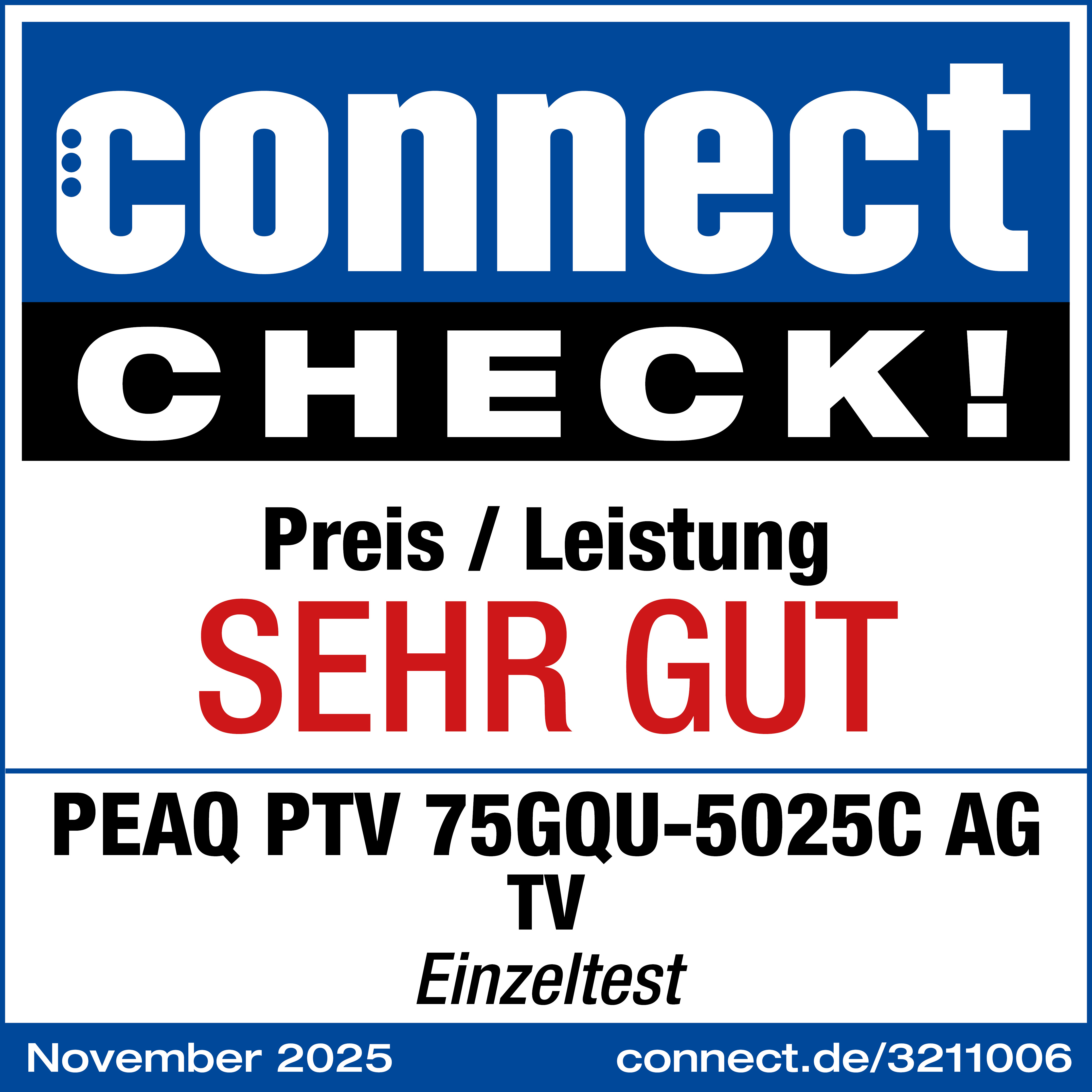 Connect CHECK! Sehr gut Preis/Leistung für PEAQ TV. Einzeltest November 2025.