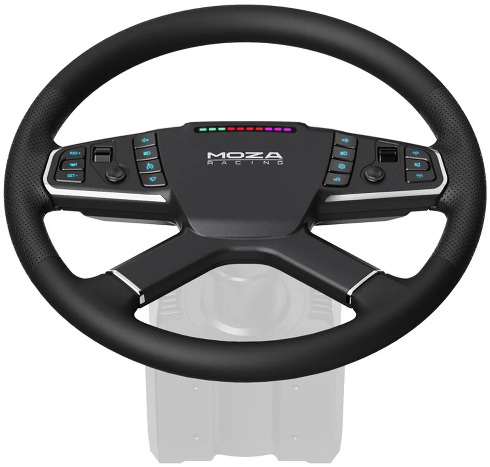 Schwarzes Lenkrad mit silbernen Akzenten und Tasten, Moza Racing Logo oben.