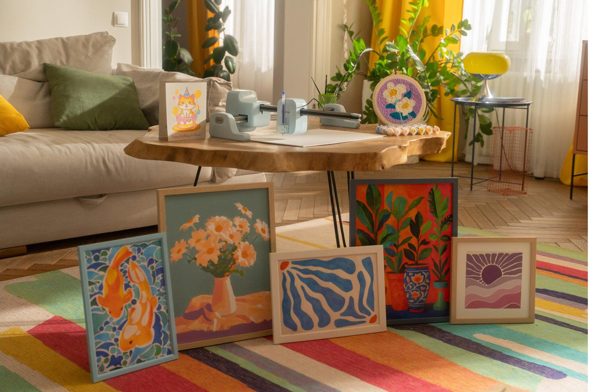 Quadri di pesci koi, fiori e piante su un tappeto colorato.