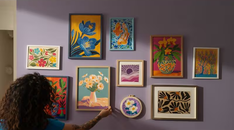 Una persona appende opere d'arte e ricami colorati su una parete viola.